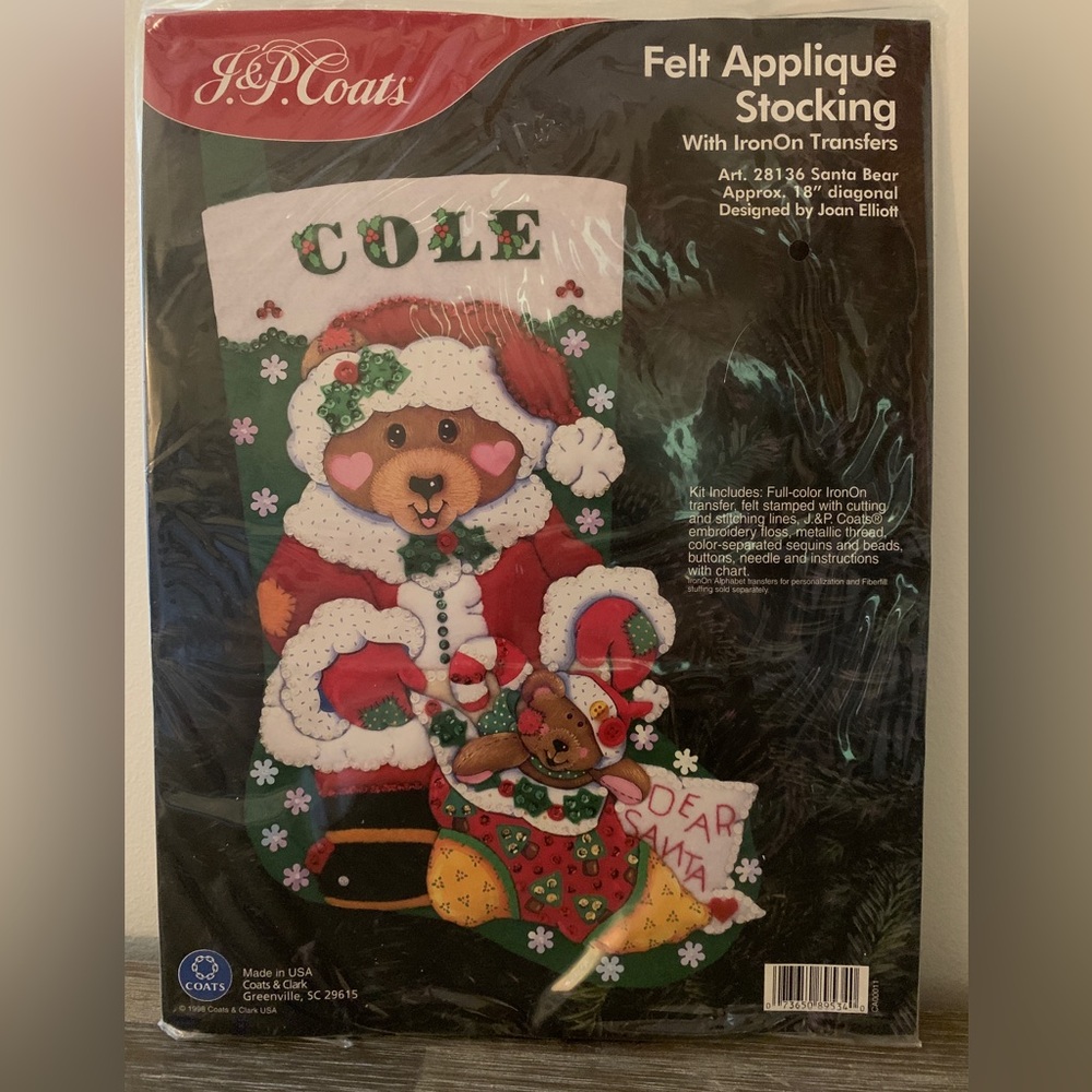 ✨🎄NEW Vintage J.&P. Coats Felt Appliqué Santa Bear Stocking Kit